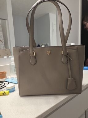 Tory Burch Taupe Saffiano Leather Tote with Gold Hardware